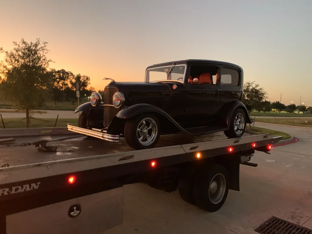 1932 Ford coupe — golden-hour flatbed haul